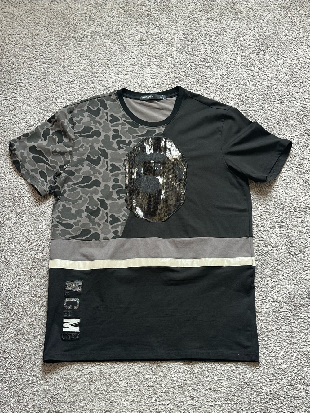 Hudson x Bape Mens Black/Gray  Camo Logo Sequin Tee Crew Neck XL A Bathing Ape